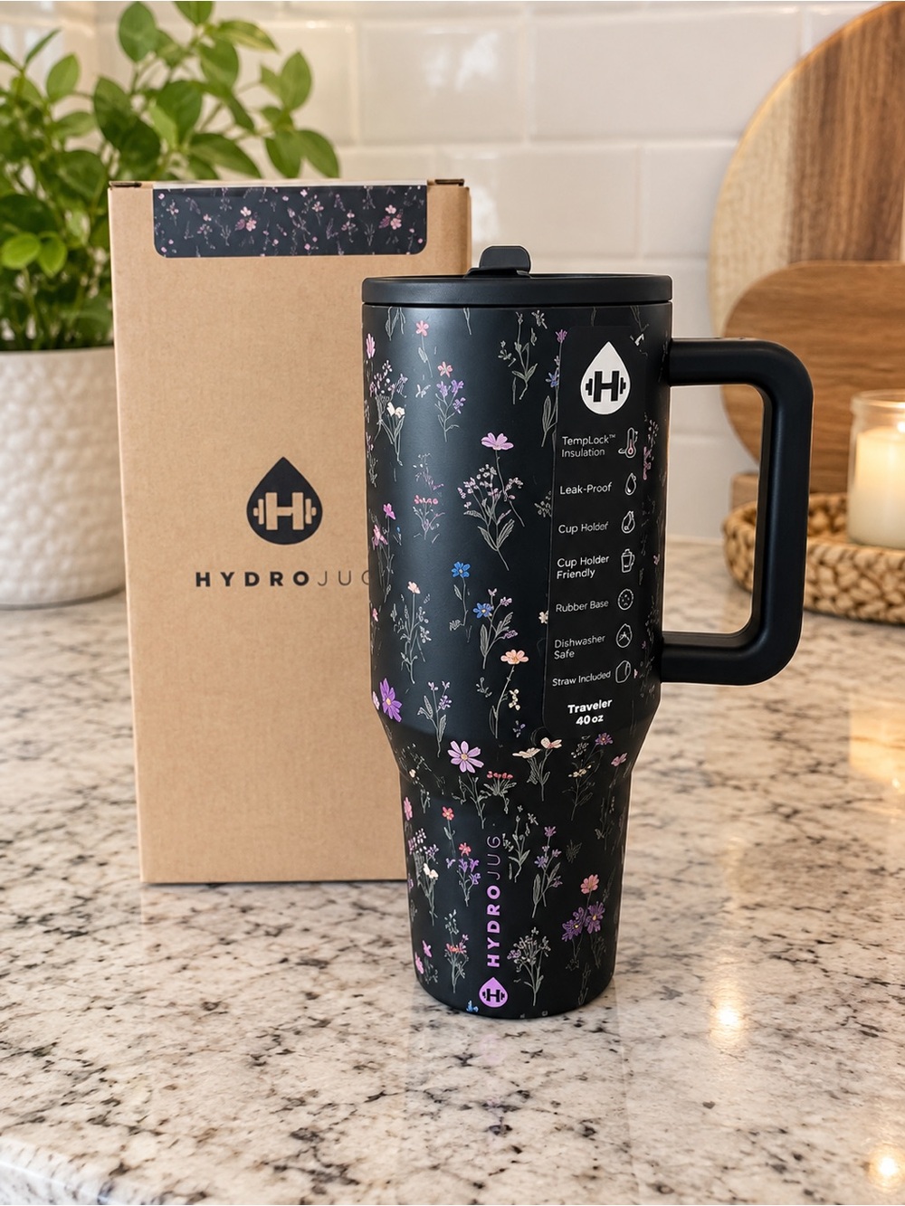 HydroJug MIDNIGHT FLORAL 40oz Traveler Tumbler NEW!!